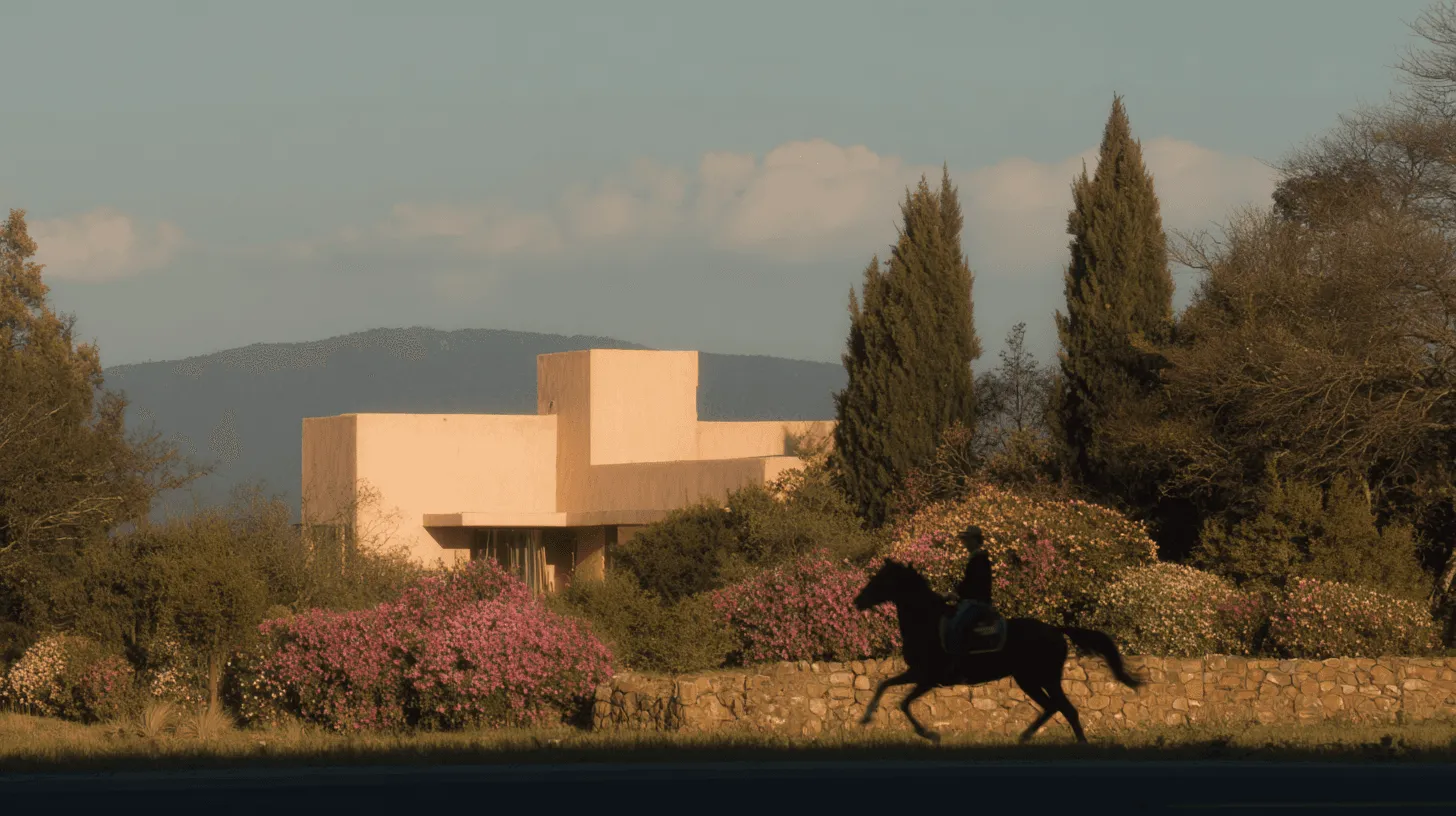 A contemporary residence on the hills outside San Miguel de Allende at golden hour, a rider passing along the stone wall below.